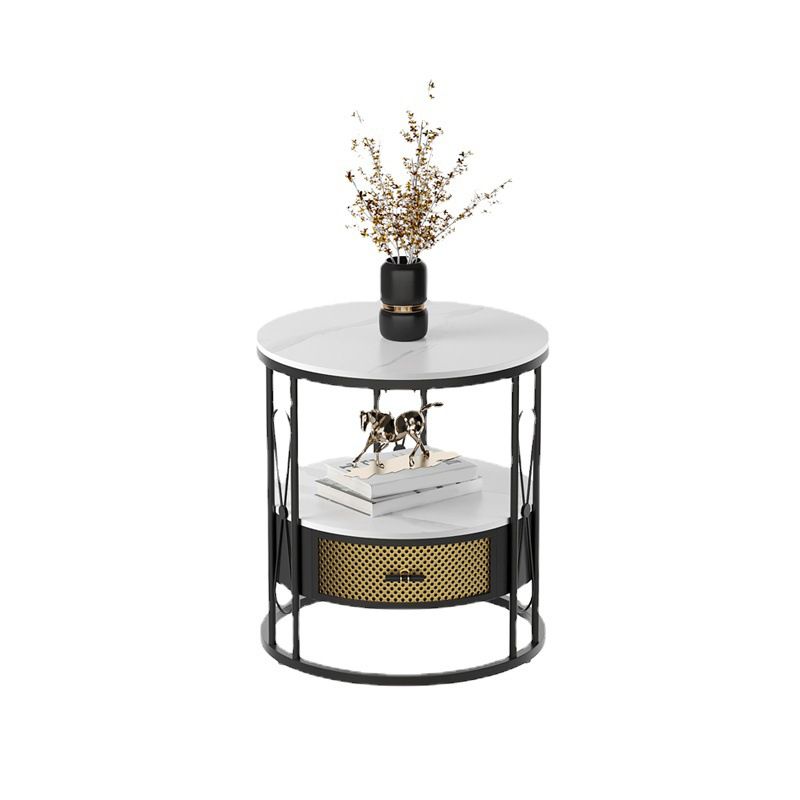 Modernistic Metal Frame 1-Drawer Round Living Room Side Table