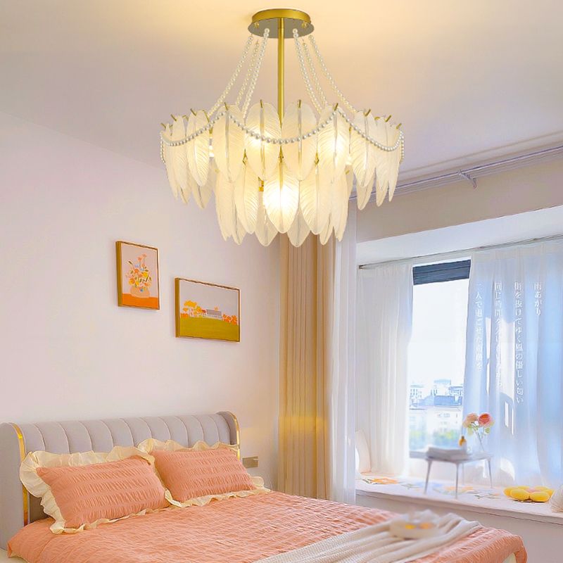 Modern Metal Ceiling Light Feather Shape Hanging Light with Glass Shade for Living Room