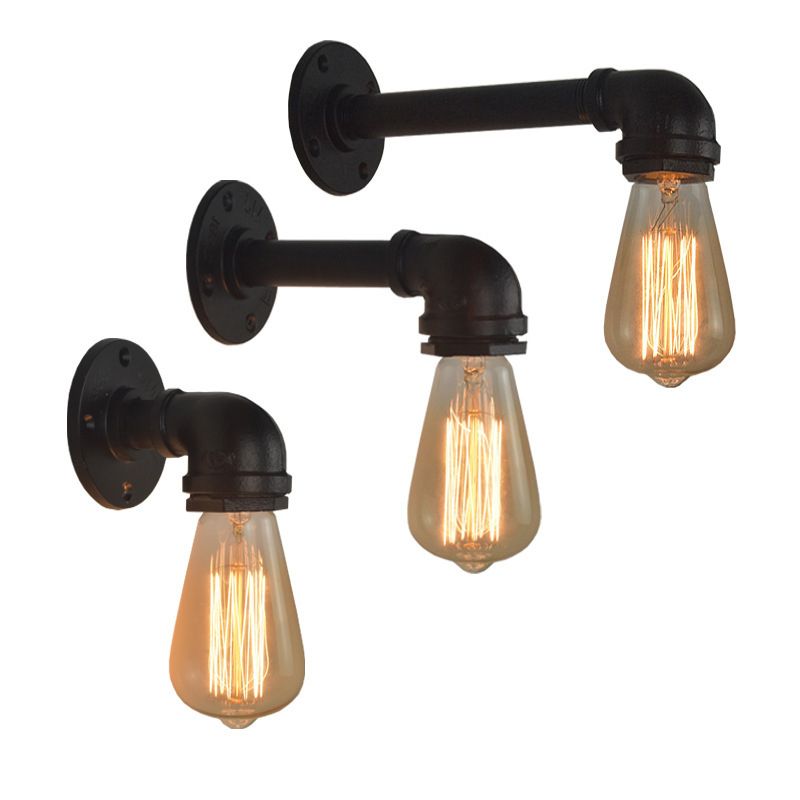 Industrial Style Pipe Shape Wall Sconce Metal 1 Light Sconces in Black for Bedroom