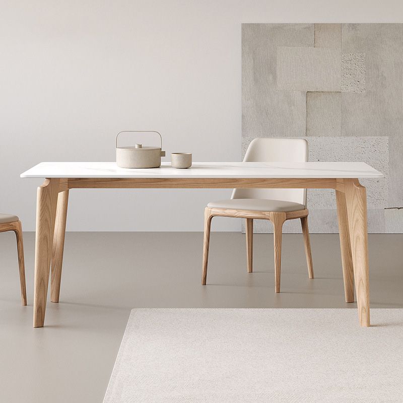 Modern Rectangle Dining Table Sintered Stone Table with Wooden Legs for Home Use