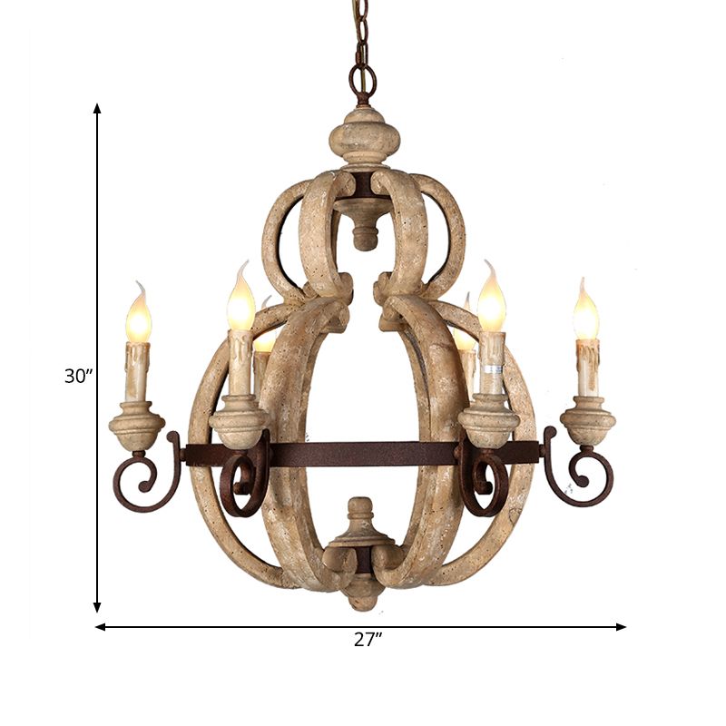 6-Light Chandelier Light Antique Living Room Suspension Pendant with Candle Wood in Beige