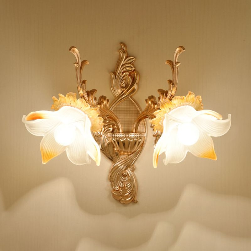 Gold Floral Wall Light Fixture Vintage Glass Living Room Wall Mounted Lamp with Crystal Accent