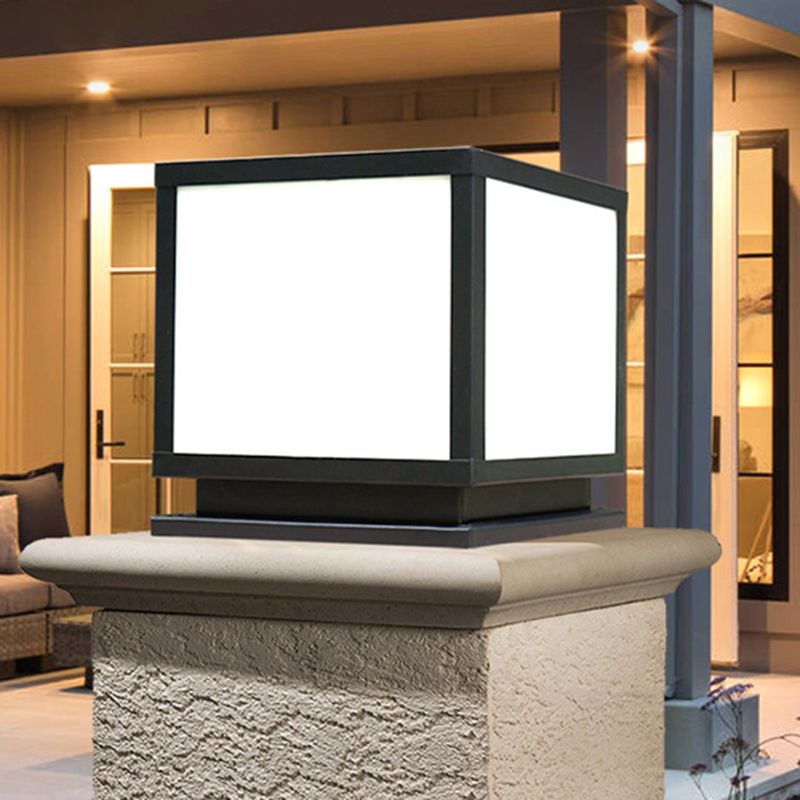 Square Shape Metal Solar Pillar Lamp Modern 1 Light Outdoor Waterproof Light in Black