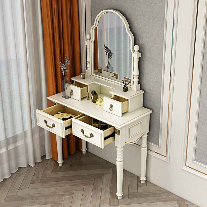 Victorian Solid Wood Vanity Makeup Dressing Table Stool Set with Mirror in White
