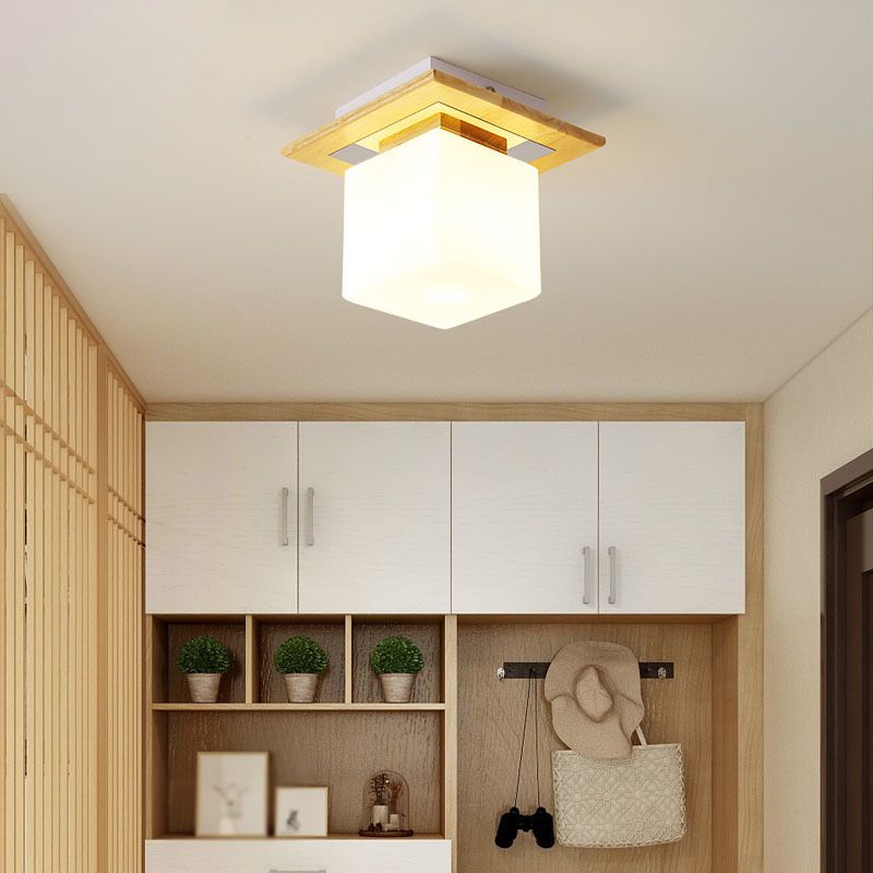 Single Beige Finish Flush Mount Lighting Nodic Wooden Shaded Ceiling Light
