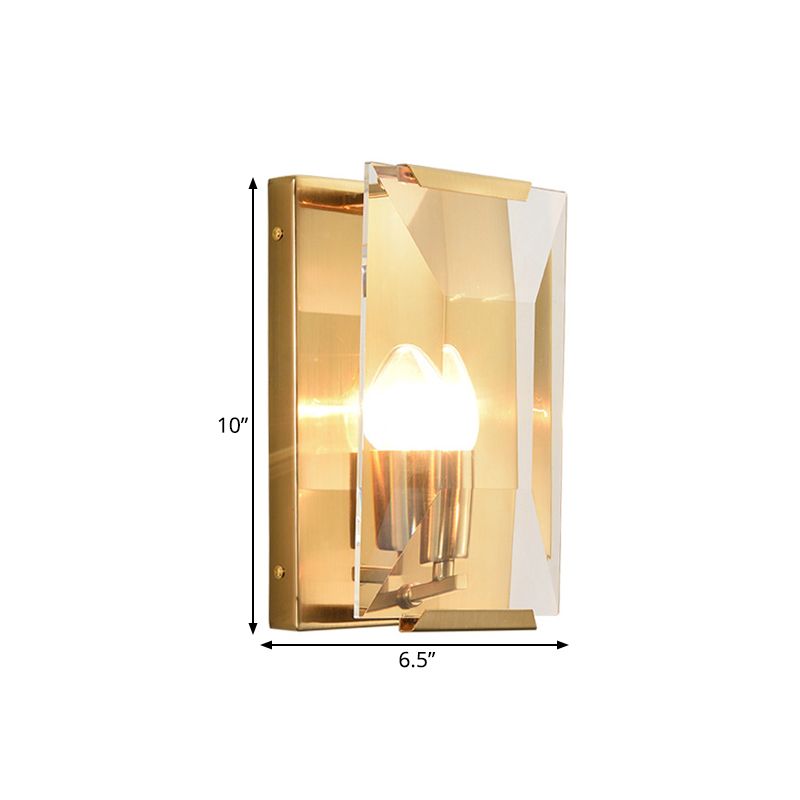 Mid Century Rectangle Wall Sconce 1-Light Metal Wall Mounted Fixture in Brass with Trapezoid Clear/Seedy Crystal Shield