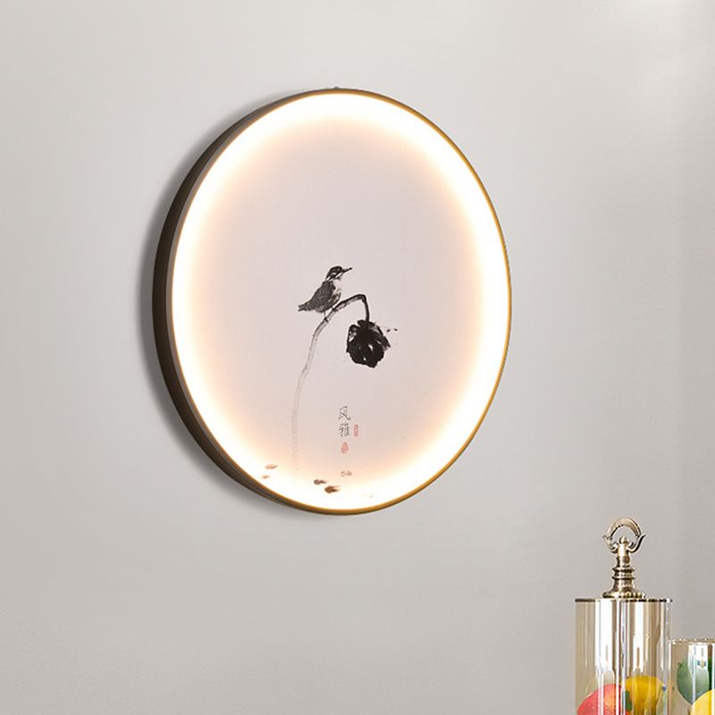 Bird et Lotus LED Mural Light Style chinois Aluminium Dining Room Circular Flush Mount Sconce in Black