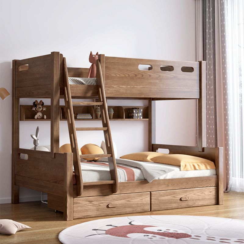 Mid-Century Modern Bunk Bed Rubberwood Solid Color Bed for Home