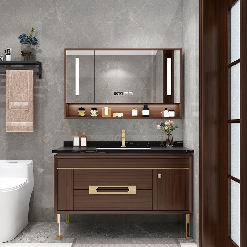 Freestanding Vanity Mirror Rectangle Single Sink Wood Frame Vanity Set with Drawers
