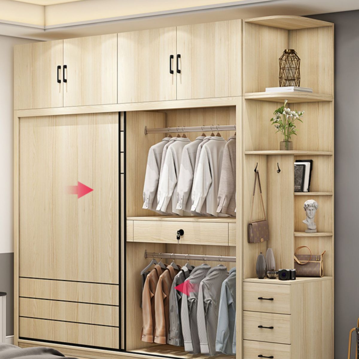 Natural Contemporary Style Wardrobe Armoire Engineered Wood Wardrobe Cabinet for Home