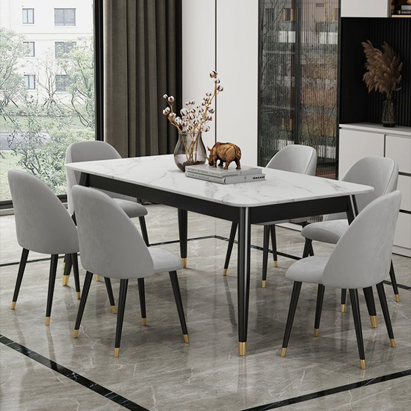 Contemporary Fixed Marble Dining Table Set with 4 Black Metallic Legs Kitchen Dining Set