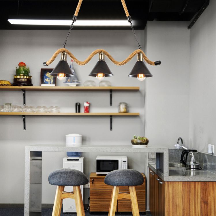 Corda di canapa a corda industriale di illuminazione dell'isola luci a ciondolo nero lineare per sala da pranzo