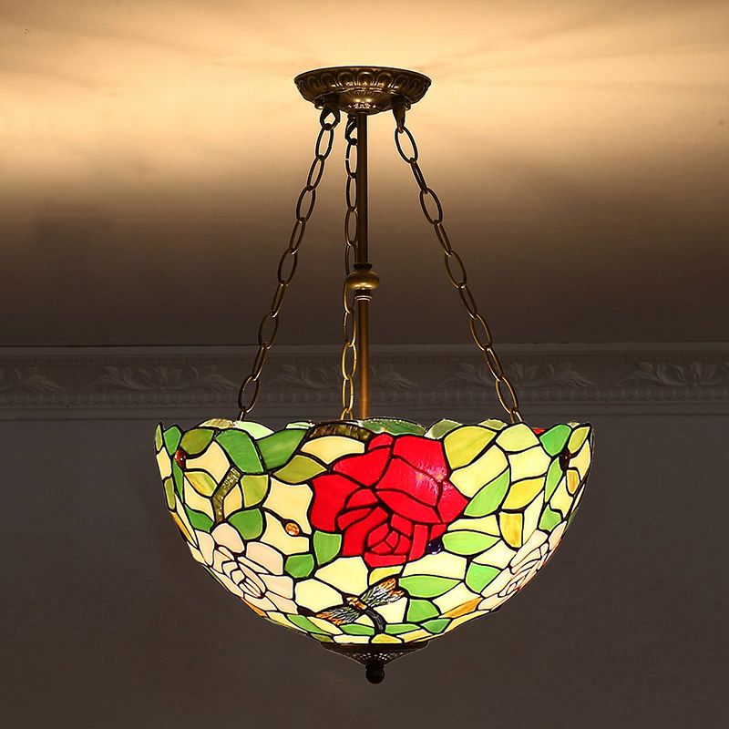 Bowl Shade Suspension Lighting Stained Art Glass Tiffany-Style Pendant Ceiling Light
