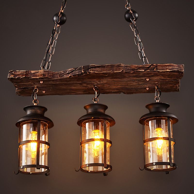 Industrial Style Island Light 3 Lights Lantern Shape Wooden Island Pendant Lamp for Bar Restaurant