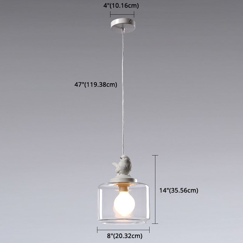 Drum Pendant Lighting Modern Clear Glass 1-Light White Hanging Light with Resin Bird Decor