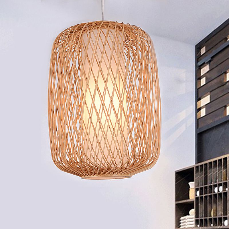 Asian Stylish Hand-Knitted Hanging Lighting with Cylinder Shade Bamboo 1 Light Living Room Pendant Lamp in Beige