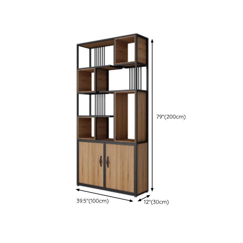 Metal and Wooden Bookcase Home Open Storage Bookshelf with 2 Doors
