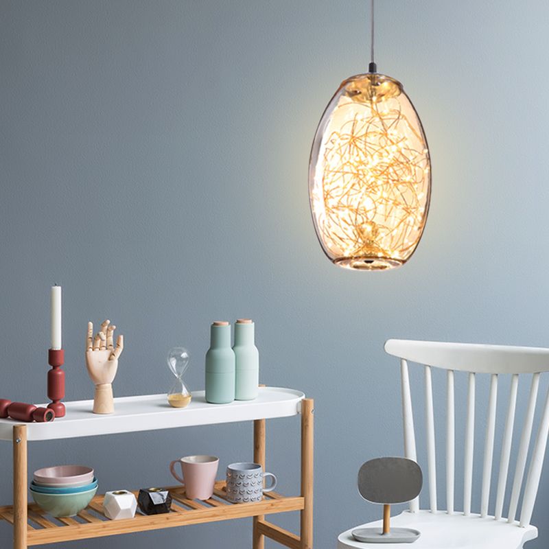 Modern LED Pendant Light with Amber/Smoke Grey Glass Globe/Cylinder/Oval Hanging Light Kit for Living Room