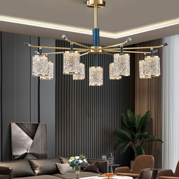 Diner Chandelier Modern Brass Pendant Light with Cylindrical Rippled Glass Shade