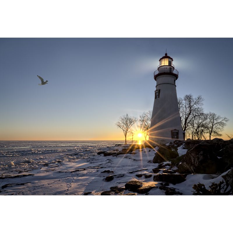 Large Shining Beacon Mural Wallpaper Nautical Seaside Landscape Wall Art in Blue