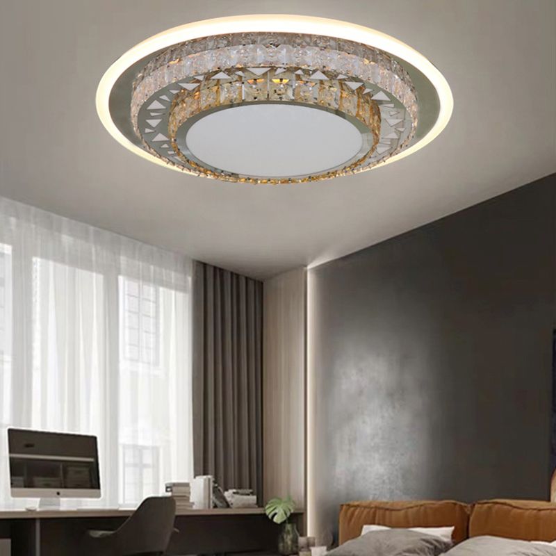 Round Ceiling Light Contemporary Clear Rectangle-Cut Crystal White LED Flush Mount Light