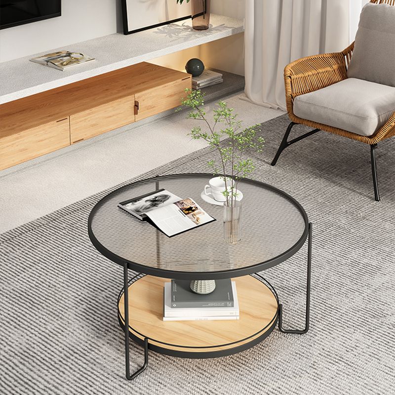 3 Legs Base Coffee Table Round Clear Glass Cocktail Table with Shelf