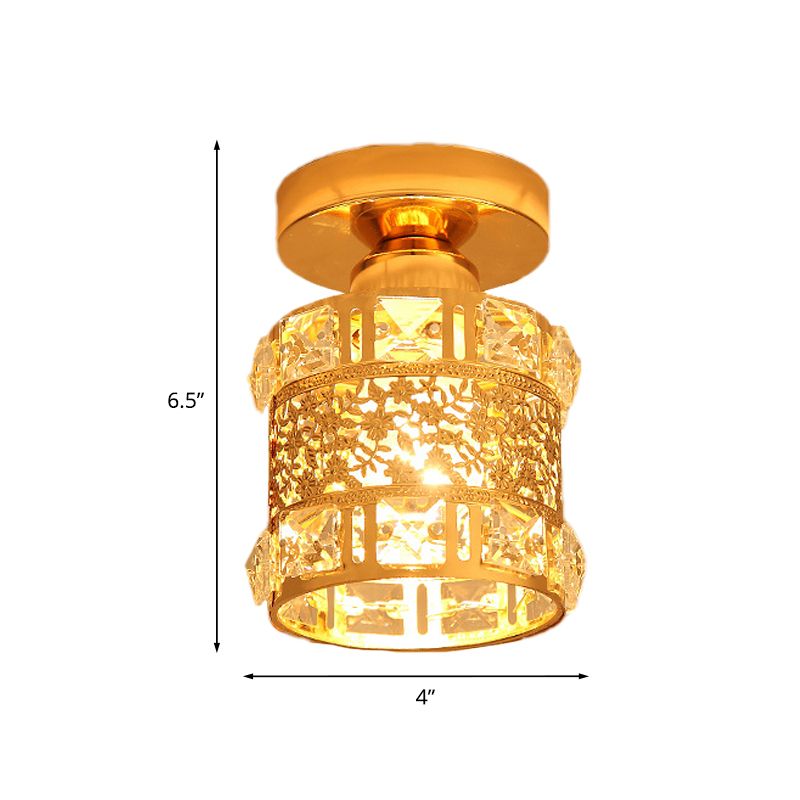 Minimalist Cylinder Ceiling Light Single Bulb Faceted Crystal Flush Mount Lighting in Gold