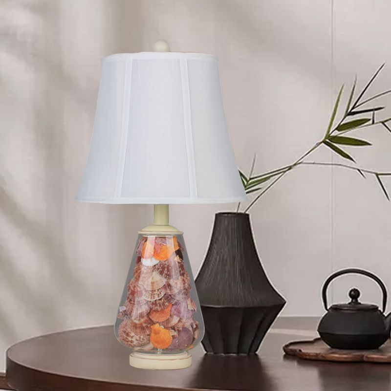 White Flared Shade Night Light Countryside Fabric 1 Bulb 12"/16" Wide Bedside Table Lamp with Decorative Shell