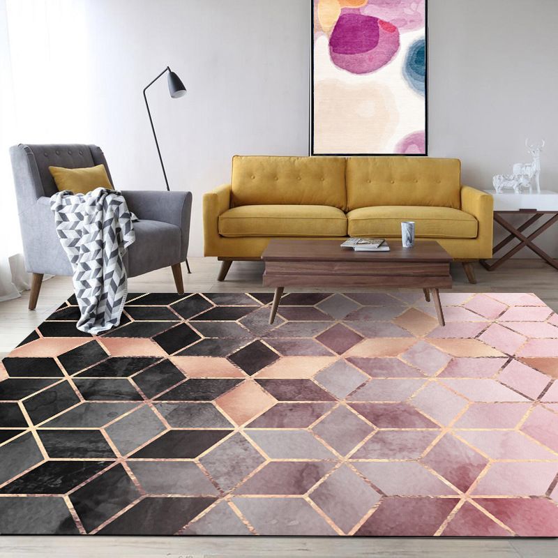 Pink Bedroom Rug Modern Geometric Hexagon Pattern Area Rug Polyester Stain-Resistant Washable Carpet