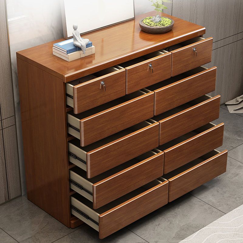Contemporary Rubber Wood Storage Chest Home Brown Chest with Drawers
