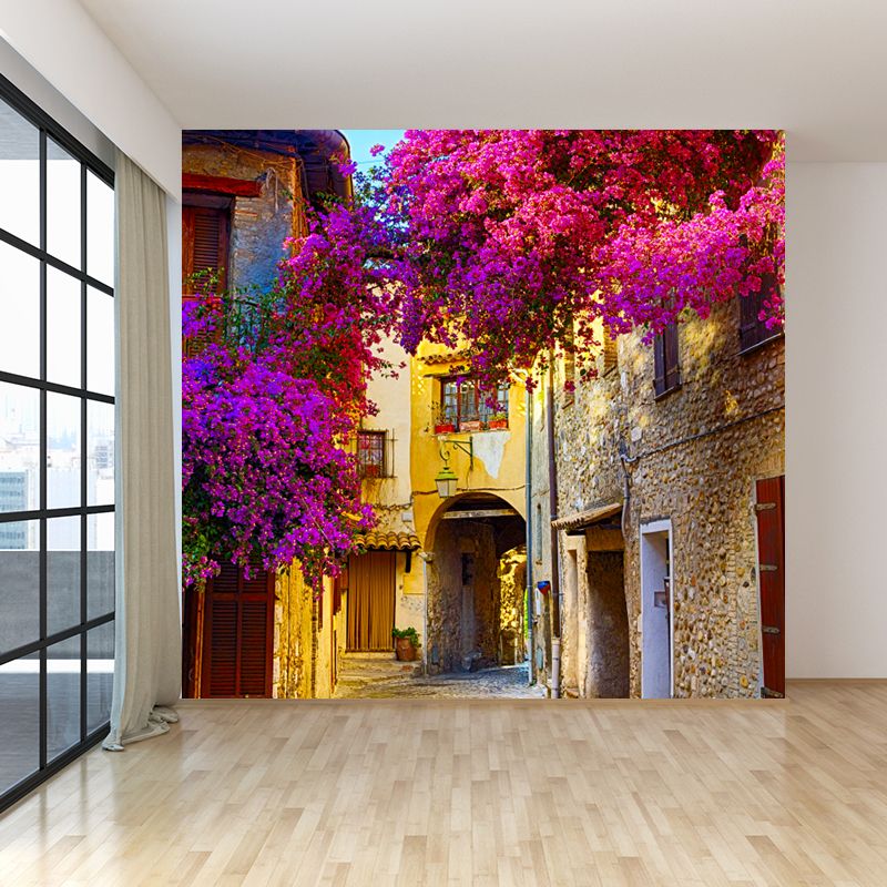 Yellow Flower and Town Mural Wallpaper Buildings Modern Washable Wall Covering for Kitchen