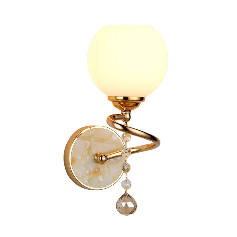 Dome Bedroom Sconce Light Traditional Frosted Glass 1 Head Gold/Chrome Wall Lighting Fixture with Crystal Ball