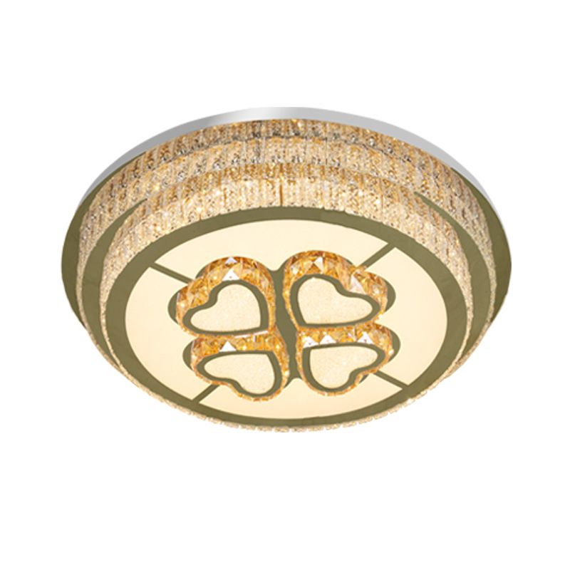 Round Great Room Light Fixture Modern Clear Crystal Blocks LED Nickel Flush Mount Lamp with Heart Design