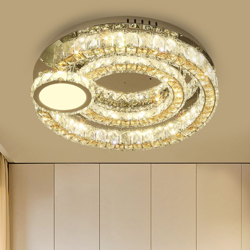 LED Ring Flushmount Contemporary Stainless-Steel Finish Clear Faceted Crystal Blocks Ceiling Lighting