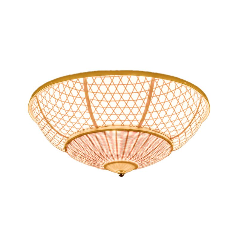 Cupola Bamboo Flush Light Chinese 3 Bulbs Beige Massimale Montato Fissaggio per Living Room