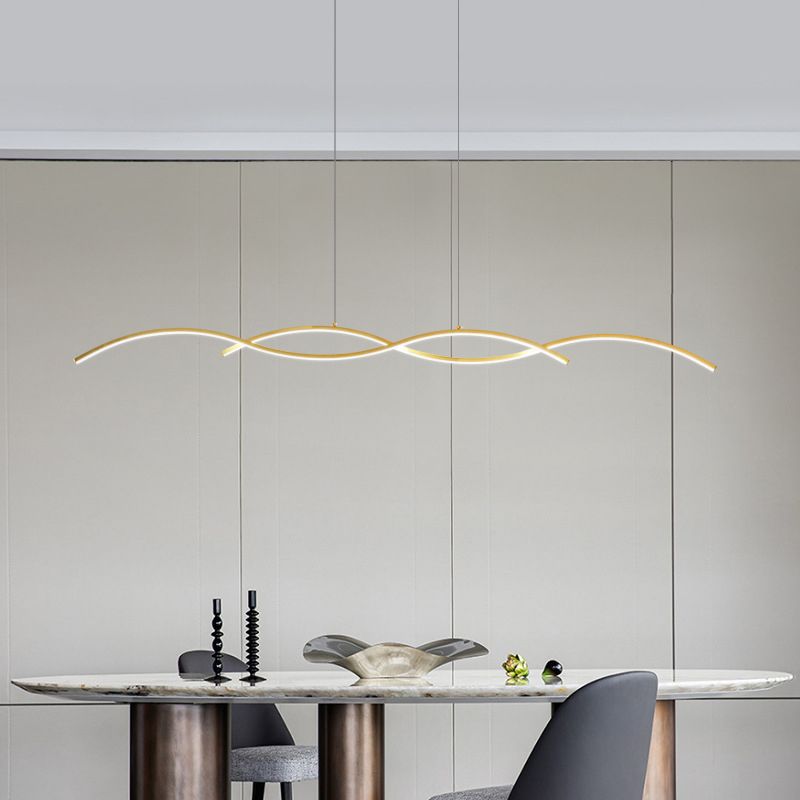 Minimalism LED Island Light Fixture Waves Copper Hanging Lamp for Dining Room
