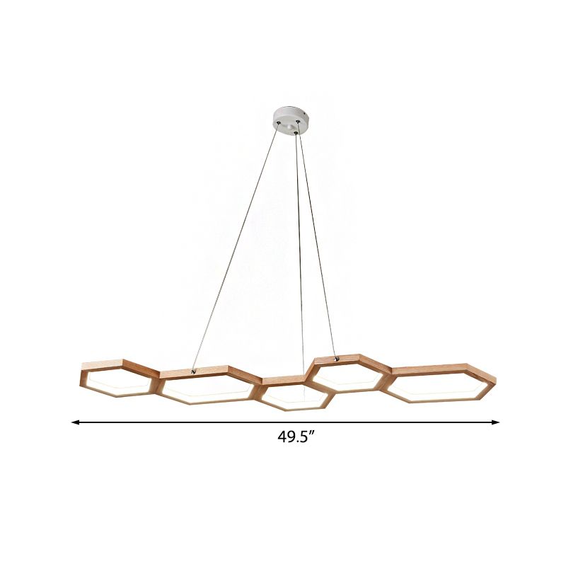 Hexagonale LED-Island Kronleuchter Einfachheit Acryl 5-Licht-Deckenleuchte in Naturholz