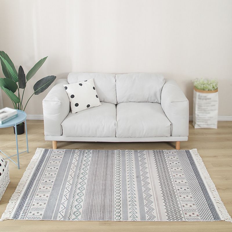Blue Tone Home Decoration Carpet Eclectic Ethnic Printed Area Rug Cotton with Fringe Rug