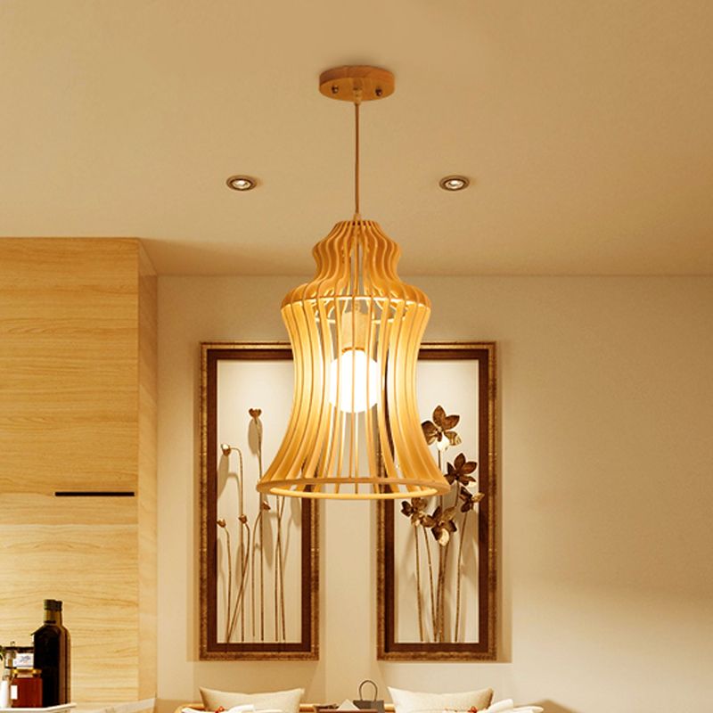 Curvaceous Cage Restaurant Hanging Light Wooden 1 Light Japanese Suspension Pendant with Inner Fabric Shade