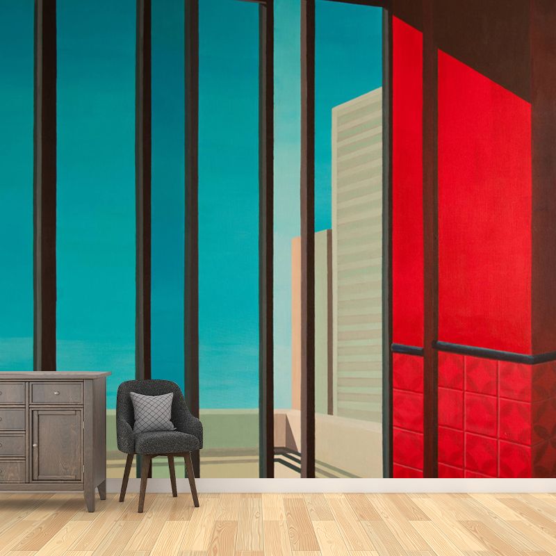 Contemporary Window Painting Murals Red-Blue Waterproofing Wall Art for Living Room