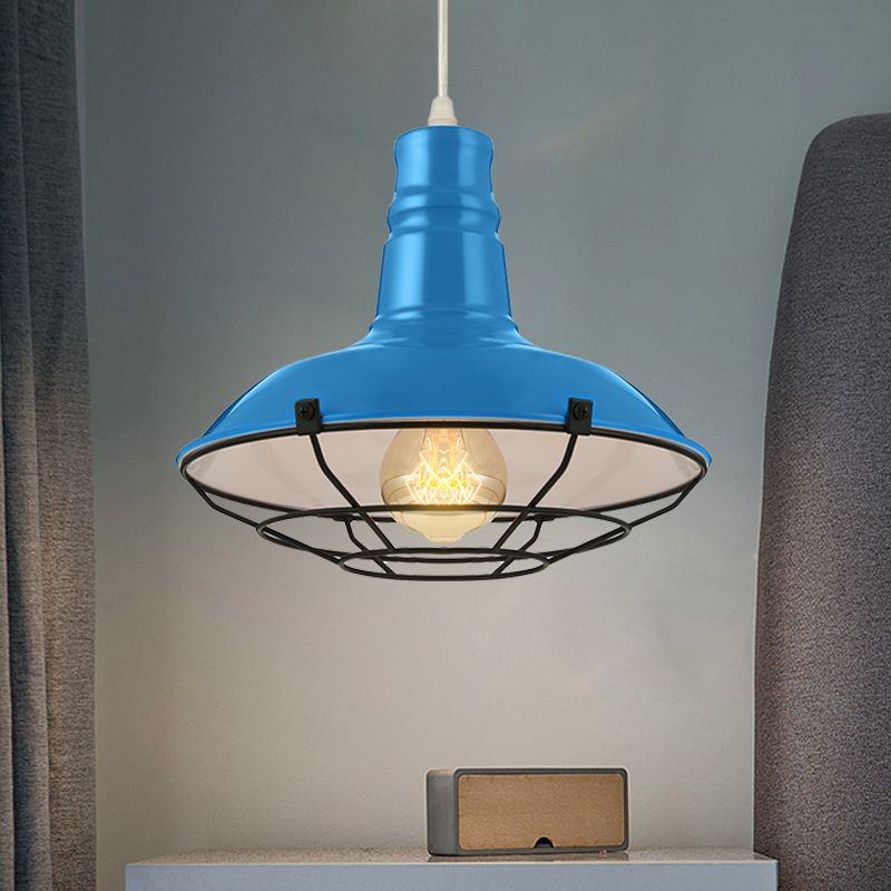 Tazón naranja/azul/verde luz colgante con protector de alambre metal industrial 1 Luz de comedor de comedor de luz, 10 "/14"/18 "Dia