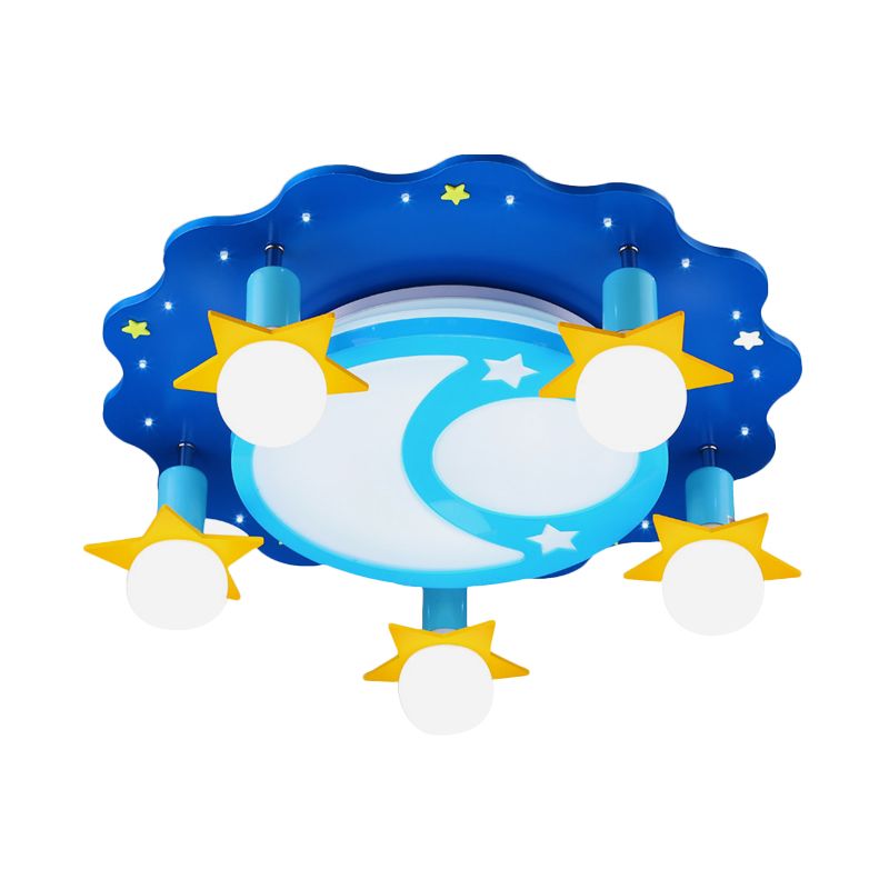 Crescent and Starry Sky Ceiling Flush Cartoon Opal Glass 5 Bulbs Nursery School Flush Mount Lighting in Blue