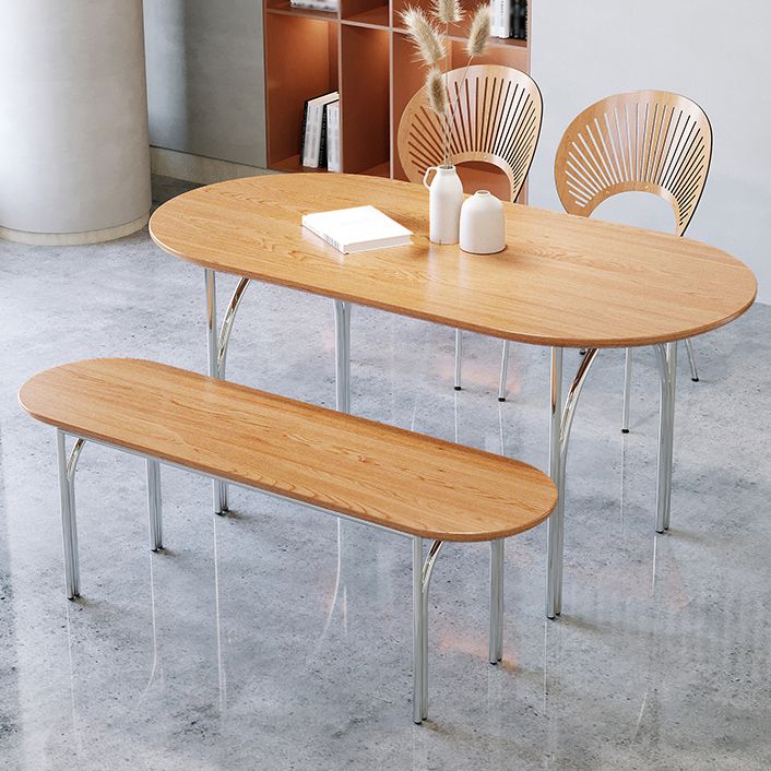 Oval 4 Legs Steel Dining Table Modern Wood Top Chrome Base Dining Site Table