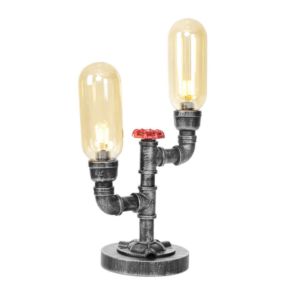 Lámpara de escritorio industrial de 2 luces con pantalla de cápsula de luz de mesa plateada antigua de vidrio transparente/ámbar para sala de estar