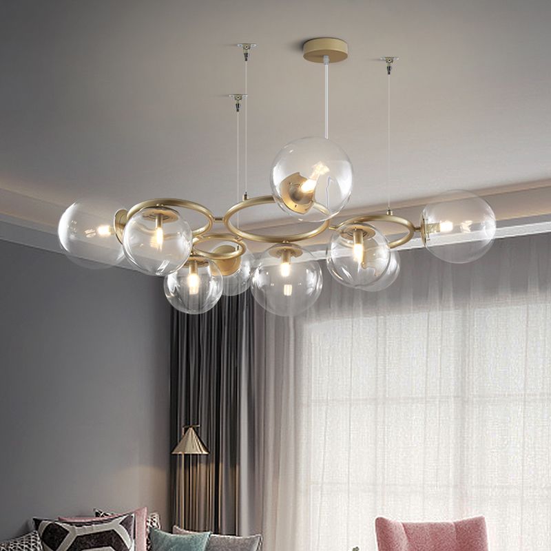 Multi-Circle Chandelier Light Modern Iron 9-Light Gold Hanging Lamp with Bubble Glass Shade