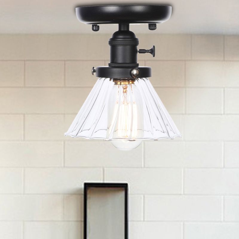 1 Bulb Semi Flush Mount Clear/Amber Glass Industrial Cone/Rhombus/Bell Ceiling Light for Kitchen