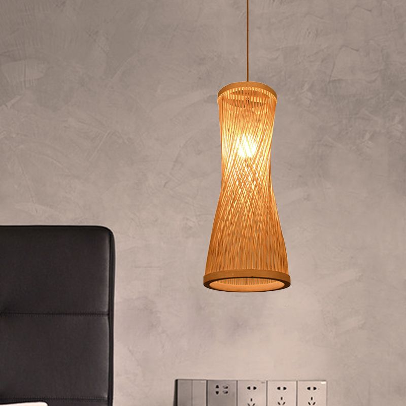 Hourglass Bamboo Suspension Pendant Loft Style 1 Light 6"/6.5" Wide Beige Down Lighting for Restaurant