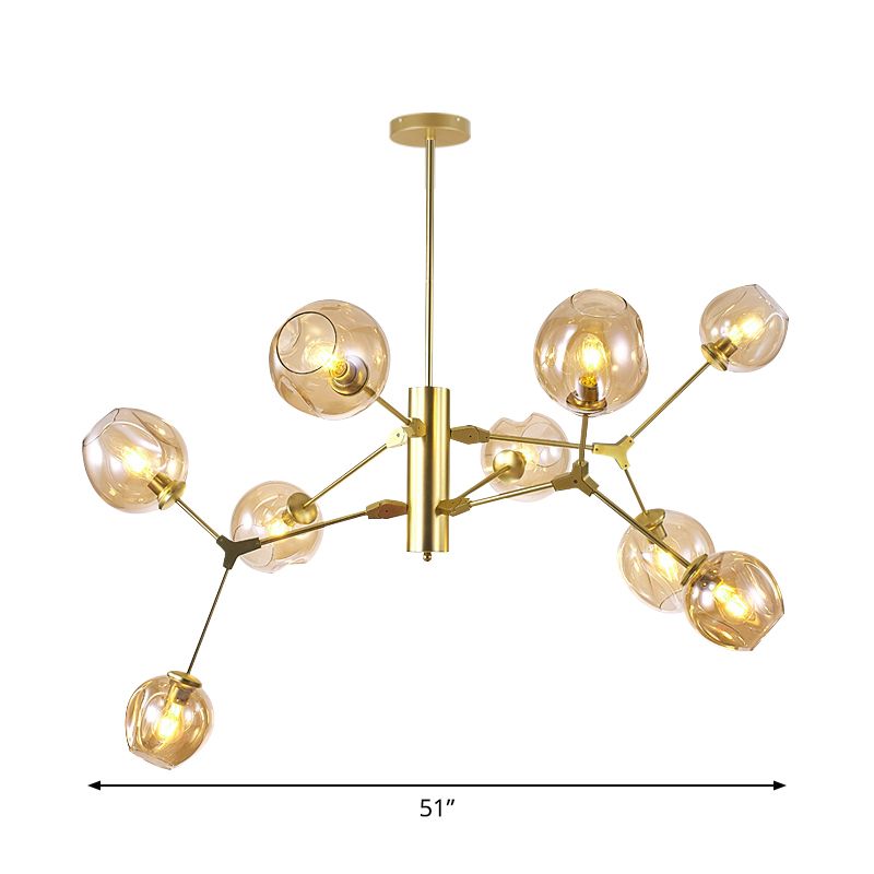 Modern Dimpled Cup Shade Chandelier Amber Glass 9-Bulb Living Room Pendant Lighting Fixture in Gold