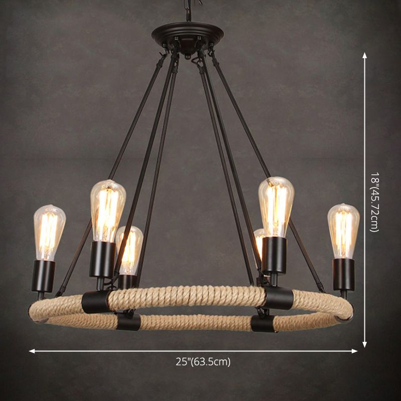Multi Lights Circle Hemp Rope Chandelier Light Retro Industrial Style Hanging Lighting Fixture for Restaurant Bar
