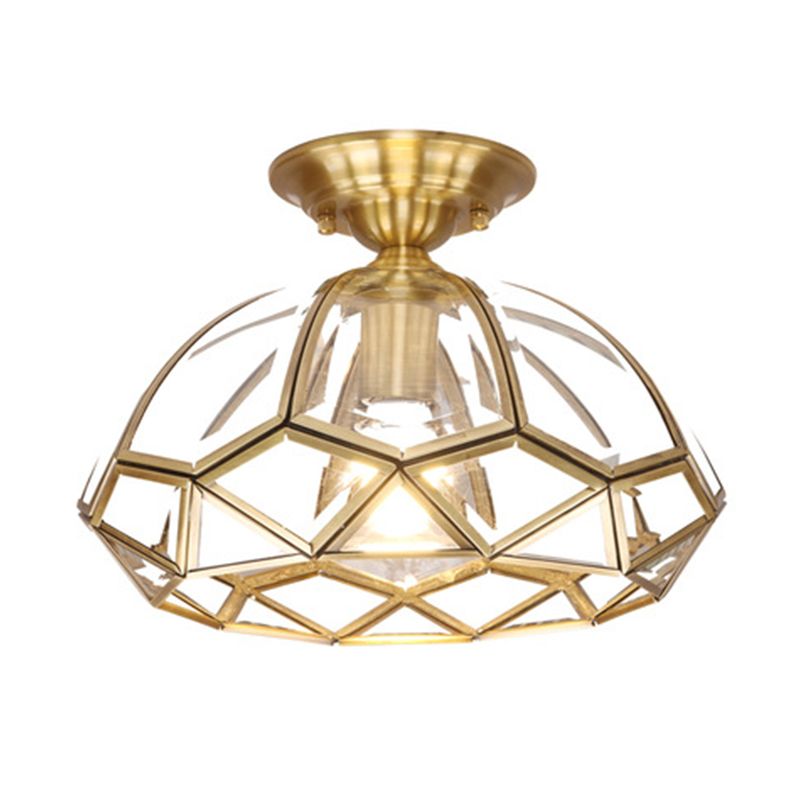 Geometrische Deckenlampe im Kolonialstil, 1 Glühbirne, halbbündiges Licht aus transparentem Glas in Messing